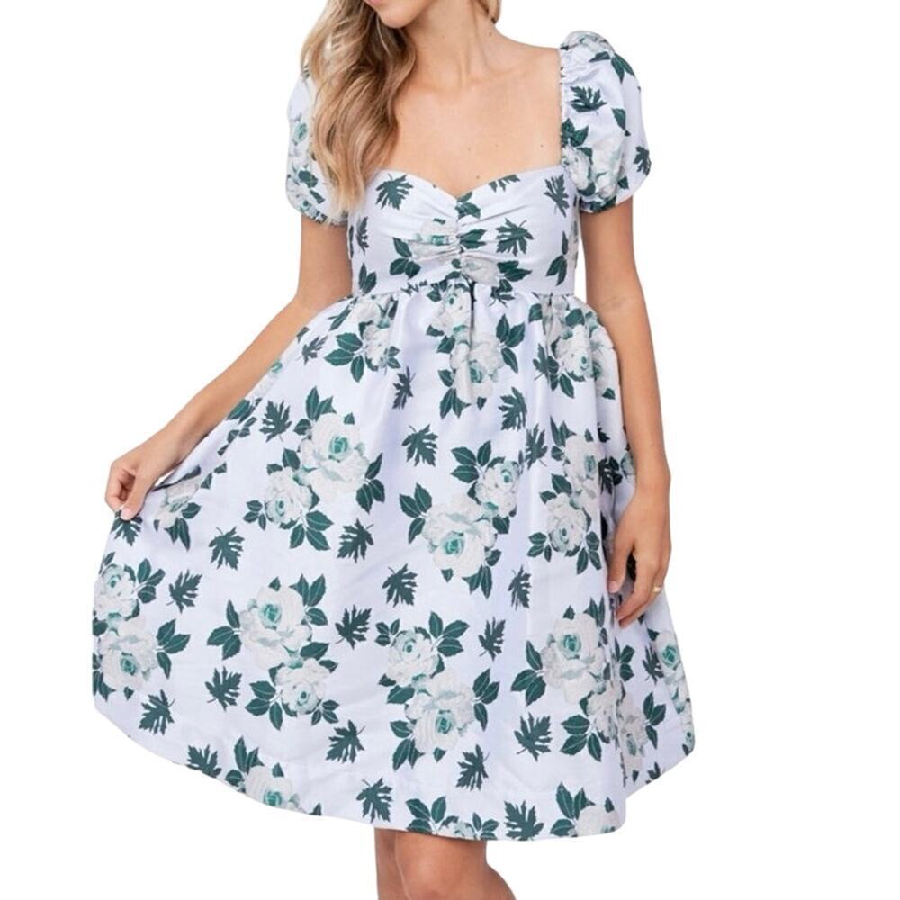 EN SAISON Floral Jacquard Babydoll Dress Sweatheart Neckline Green Blue - XS